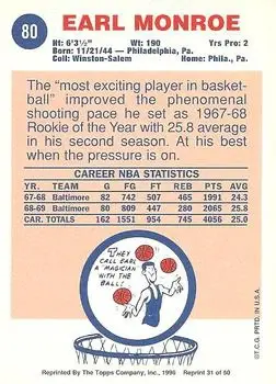 1996-97 Topps Stars - Reprints #31 - Earl Monroe - Baltimore Bullets - Back