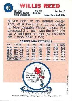 1996-97 Topps Stars - Reprints #37 - Willis Reed - New York Knicks - Back