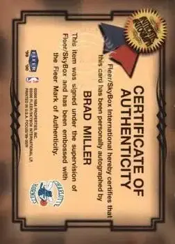 1999-00 Fleer Focus - Fresh Ink #NNO - Brad Miller - Charlotte Hornets - Back