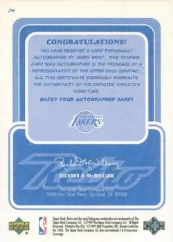 1999-00 Upper Deck Retro - Inkredible #JW - Jerry West - Los Angeles Lakers - Back