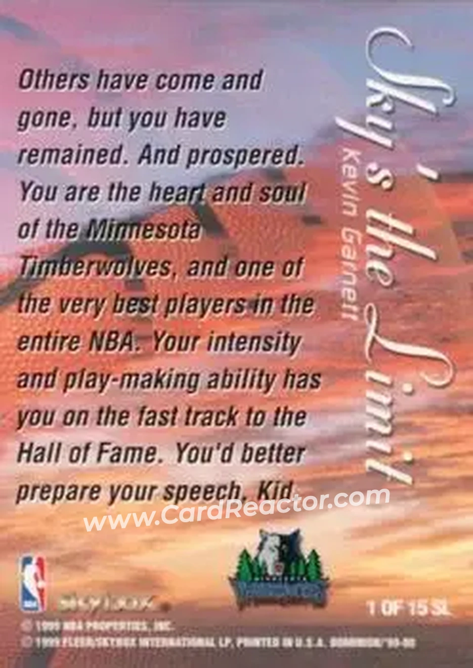 1999-00 SkyBox Dominion - Sky's the Limit #1 SL - Kevin Garnett - Minnesota Timberwolves