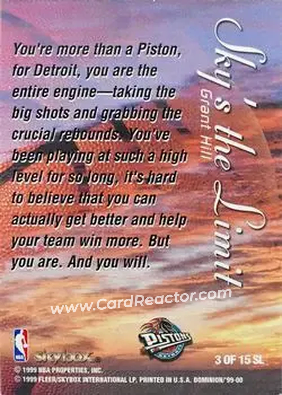 1999-00 SkyBox Dominion - Sky's the Limit #3 SL - Grant Hill - Detroit Pistons 1999-00 SkyBox Dominion - Sky's the Limit #3 SL - Grant Hill - Detroit Pistons