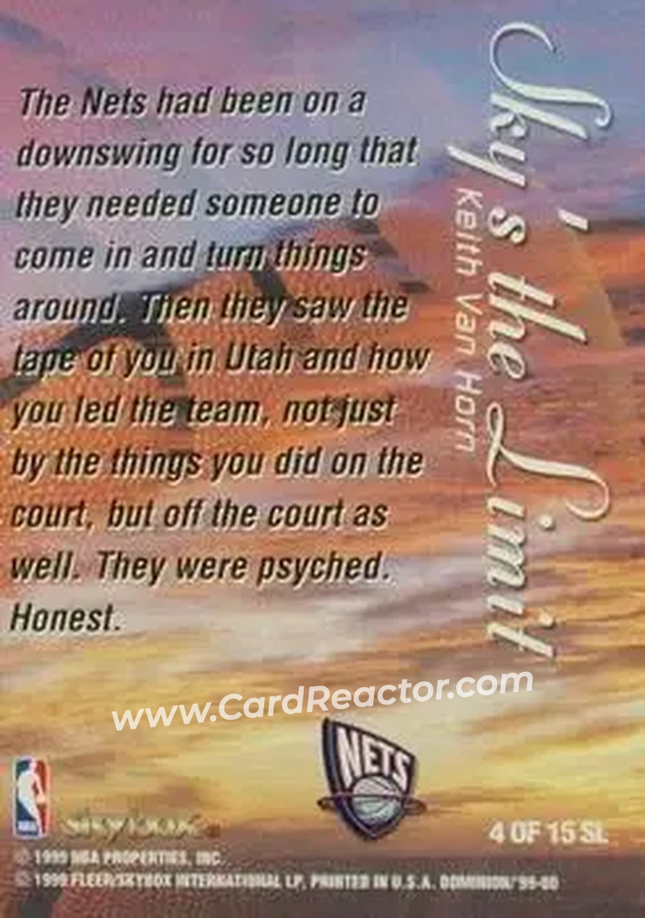 1999-00 SkyBox Dominion - Sky's the Limit #4 SL - Keith Van Horn - New Jersey Nets 1999-00 SkyBox Dominion - Sky's the Limit #4 SL - Keith Van Horn - New Jersey Nets