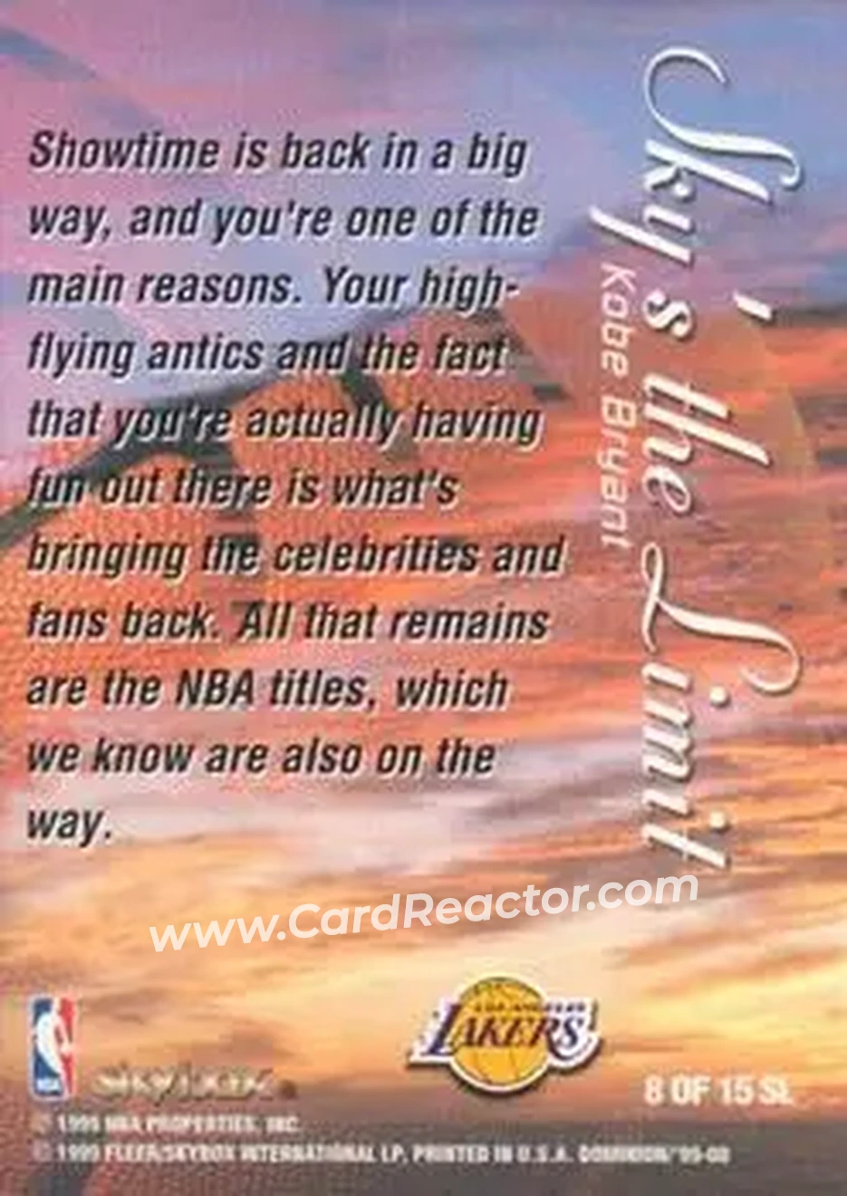 1999-00 SkyBox Dominion - Sky's the Limit #8 SL - Kobe Bryant - Los Angeles Lakers 1999-00 SkyBox Dominion - Sky's the Limit #8 SL - Kobe Bryant - Los Angeles Lakers