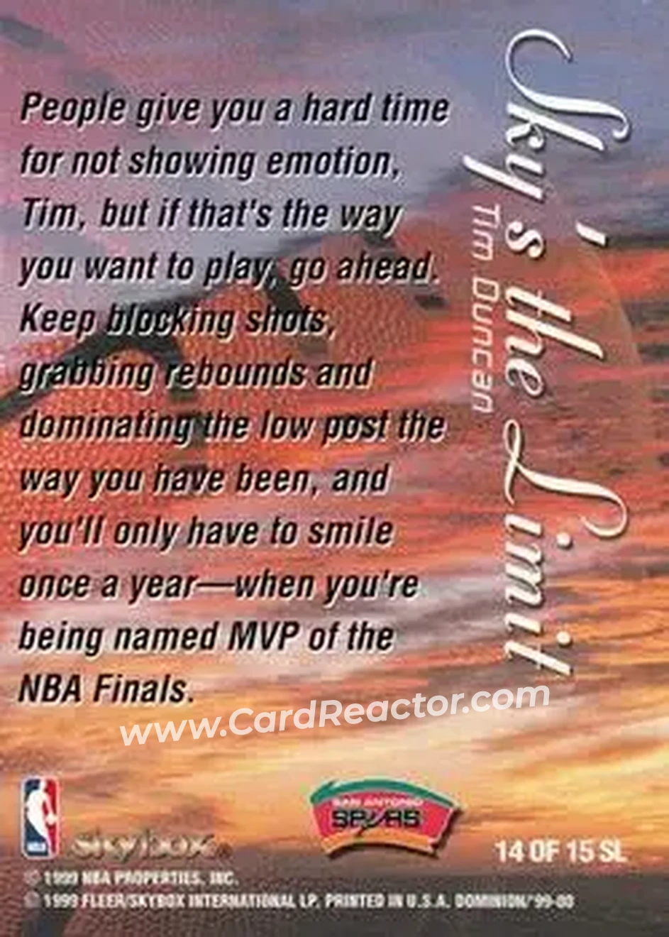 1999-00 SkyBox Dominion - Sky's the Limit #14 SL - Tim Duncan - San Antonio Spurs 1999-00 SkyBox Dominion - Sky's the Limit #14 SL - Tim Duncan - San Antonio Spurs