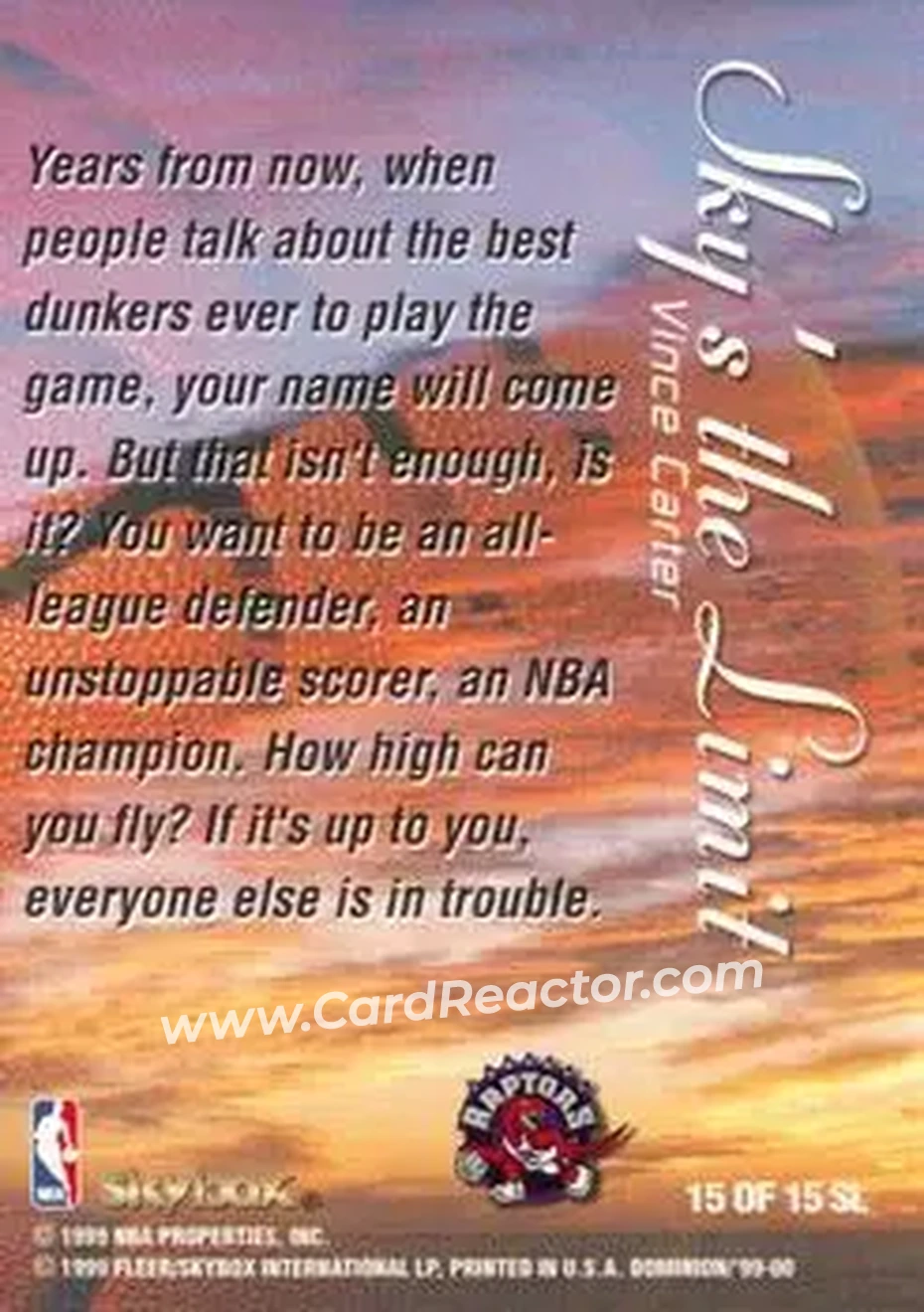 1999-00 SkyBox Dominion - Sky's the Limit #15 SL - Vince Carter - Toronto Raptors