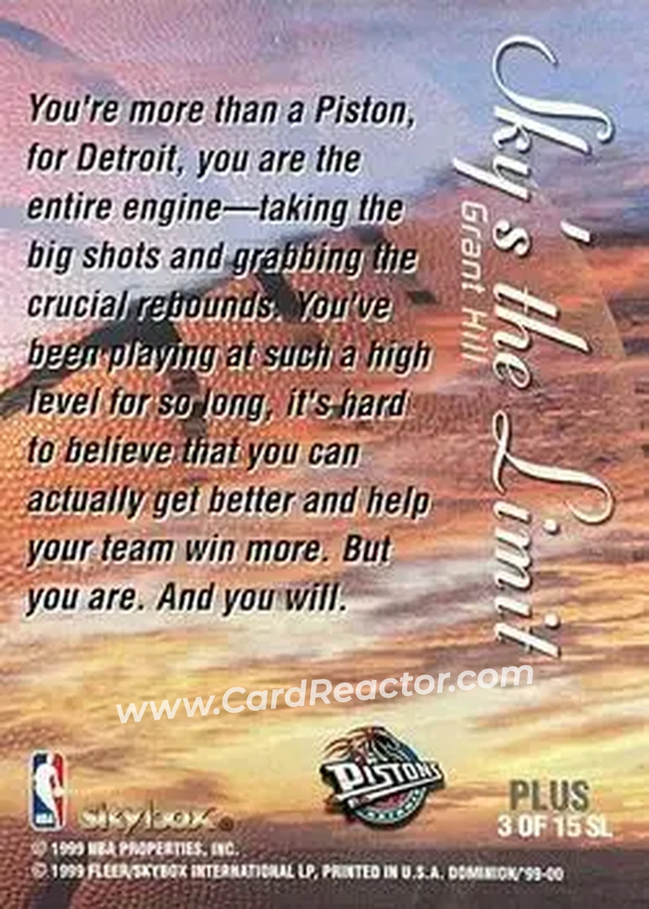 1999-00 SkyBox Dominion - Sky's the Limit Plus #3 SL - Grant Hill - Detroit Pistons 1999-00 SkyBox Dominion - Sky's the Limit Plus #3 SL - Grant Hill - Detroit Pistons