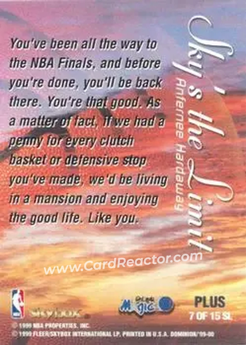 1999-00 SkyBox Dominion - Sky's the Limit Plus #7 SL - Anfernee Hardaway - Orlando Magic