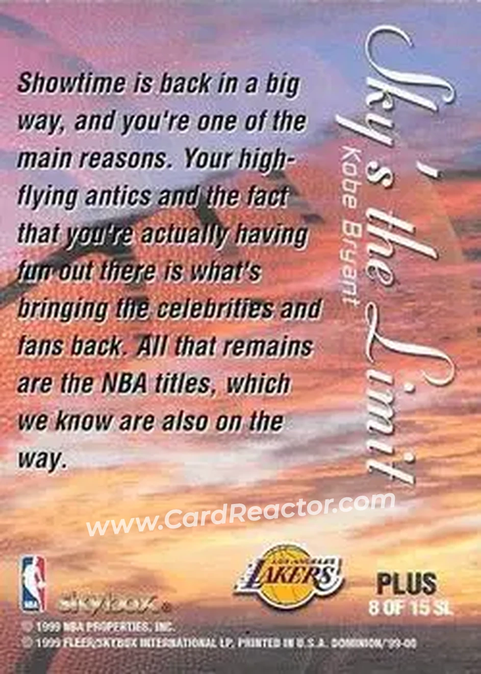 1999-00 SkyBox Dominion - Sky's the Limit Plus #8 SL - Kobe Bryant - Los Angeles Lakers 1999-00 SkyBox Dominion - Sky's the Limit Plus #8 SL - Kobe Bryant - Los Angeles Lakers
