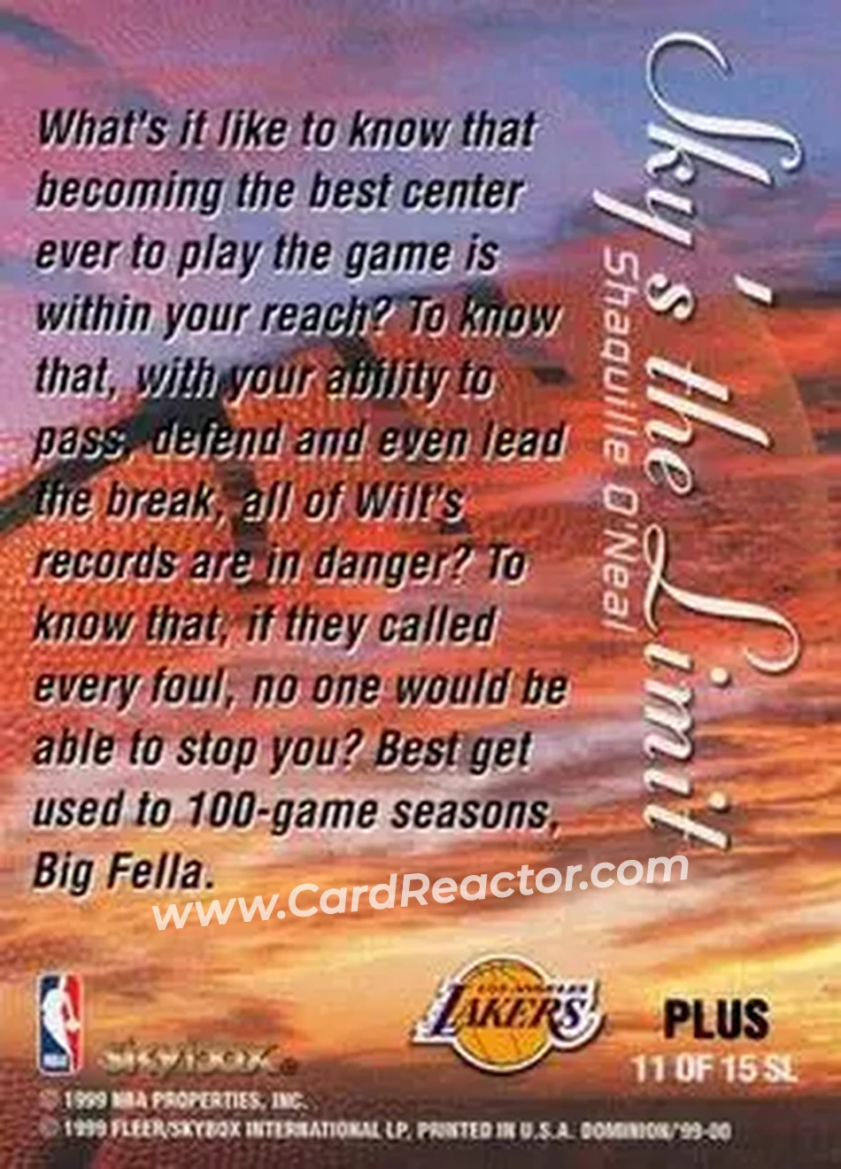 1999-00 SkyBox Dominion - Sky's the Limit Plus #11 SL - Shaquille O'Neal - Los Angeles Lakers