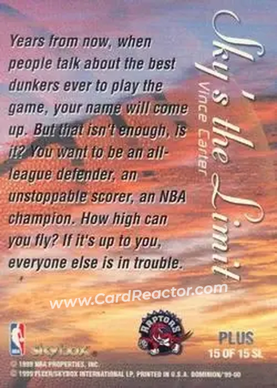 1999-00 SkyBox Dominion - Sky's the Limit Plus #15 SL - Vince Carter - Toronto Raptors