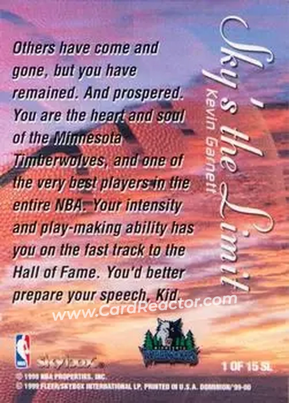 1999-00 SkyBox Dominion - Sky's the Limit Warp Tek #1 SL - Kevin Garnett - Minnesota Timberwolves