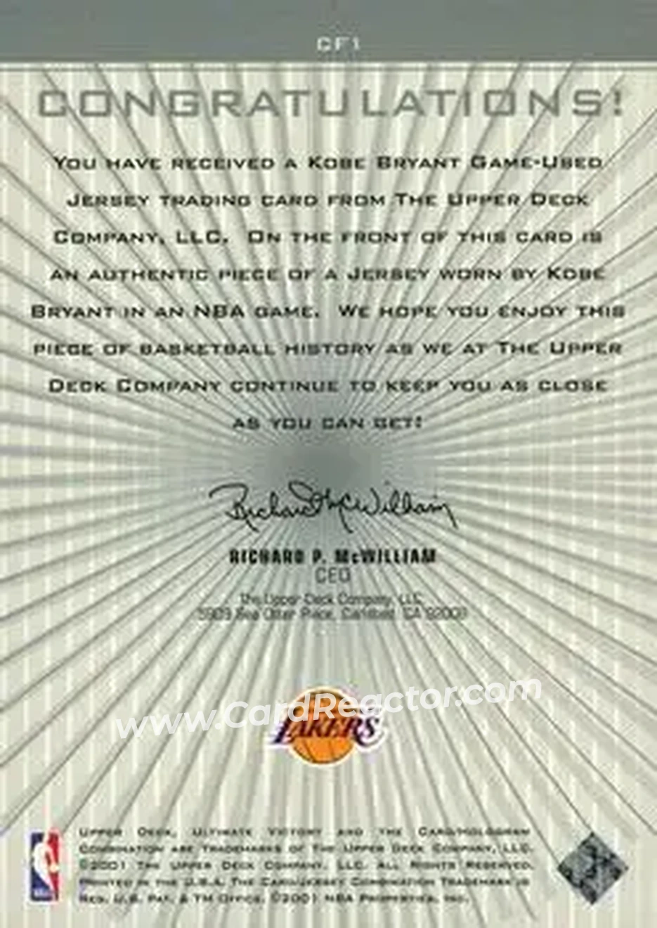 2000-01 Upper Deck Ultimate Victory - Championship Fabrics #CF1 - Kobe Bryant - Los Angeles Lakers 2000-01 Upper Deck Ultimate Victory - Championship Fabrics #CF1 - Kobe Bryant - Los Angeles Lakers