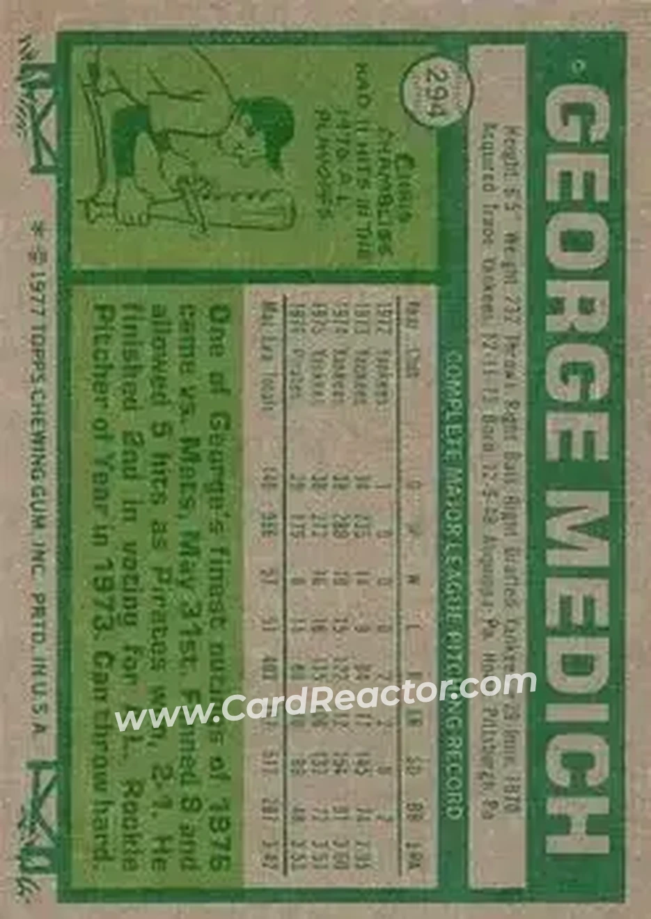 1977 Topps #294 - George Medich - Pittsburgh Pirates