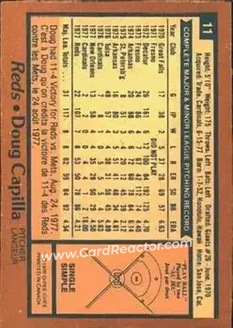 1978 O-Pee-Chee #11 - Doug Capilla - Cincinnati Reds