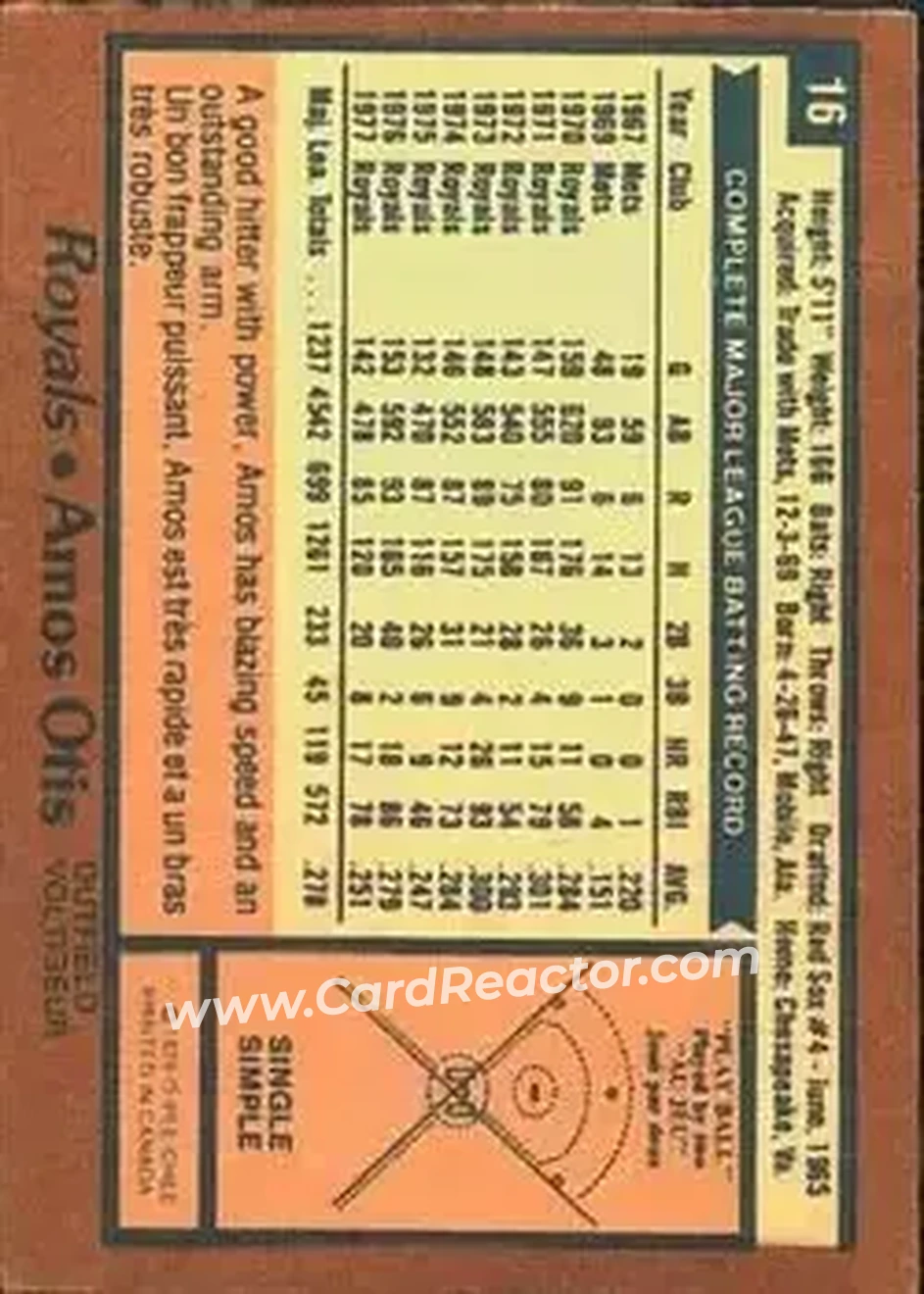 1978 O-Pee-Chee #16 - Amos Otis - Kansas City Royals