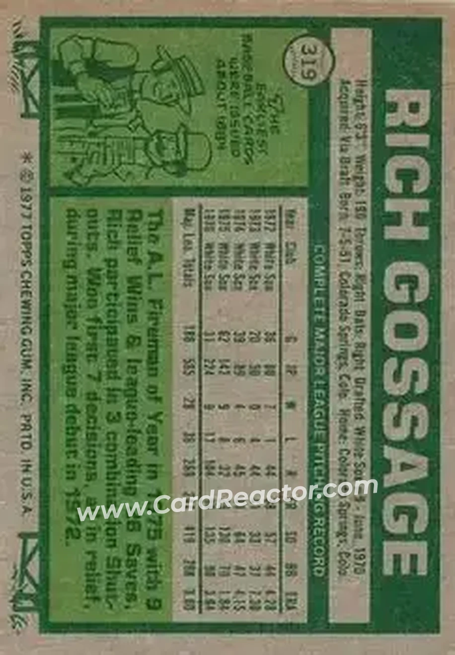 1977 Topps #319 - Rich Gossage - Chicago White Sox