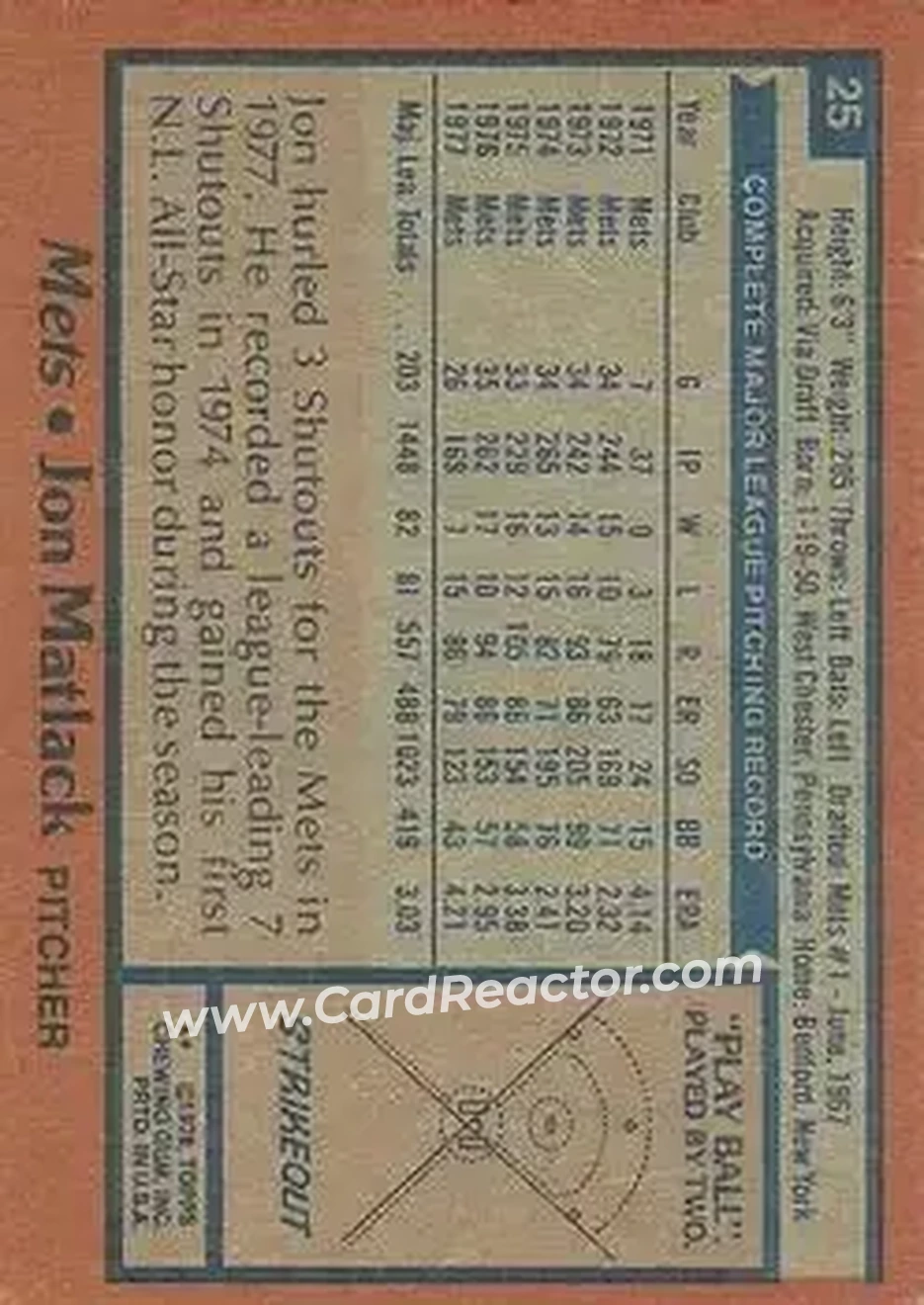 1978 Topps #25 - Jon Matlack - New York Mets
