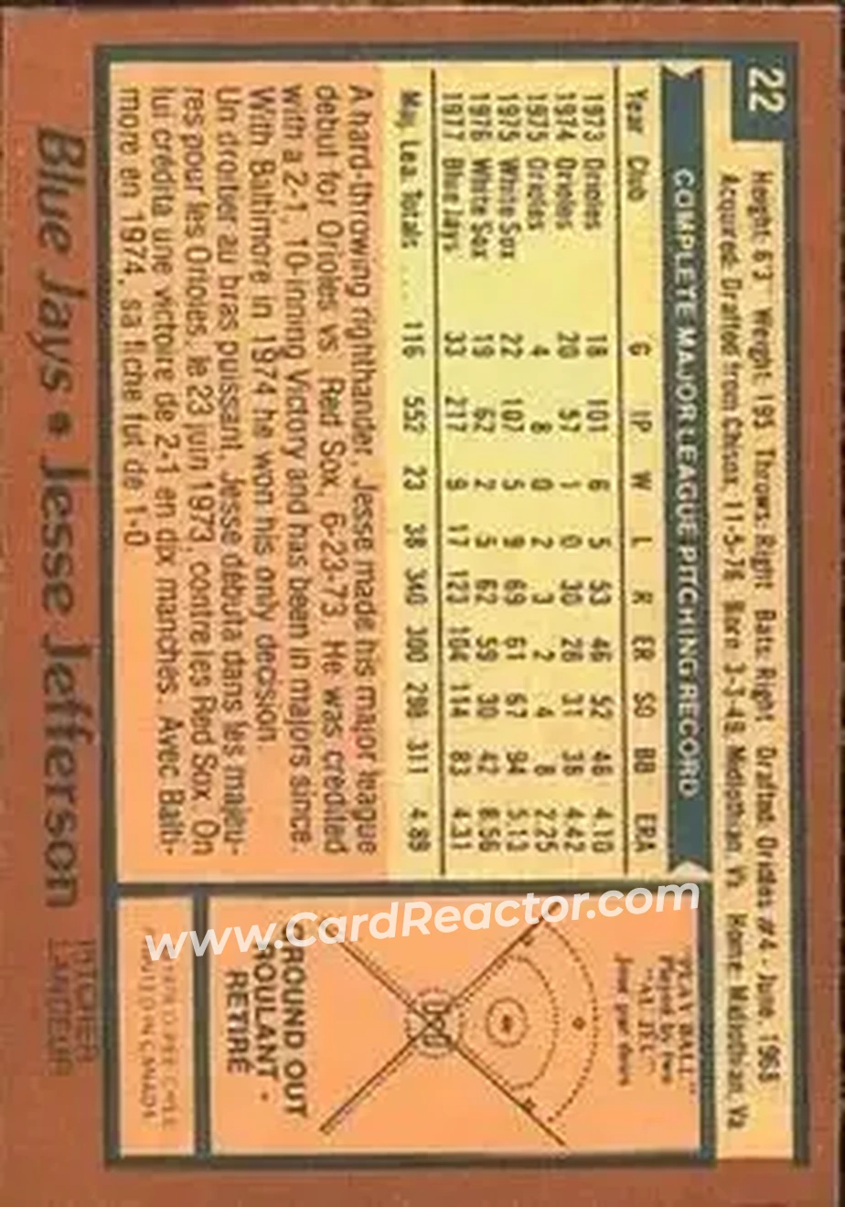 1978 O-Pee-Chee #22 - Jesse Jefferson - Toronto Blue Jays