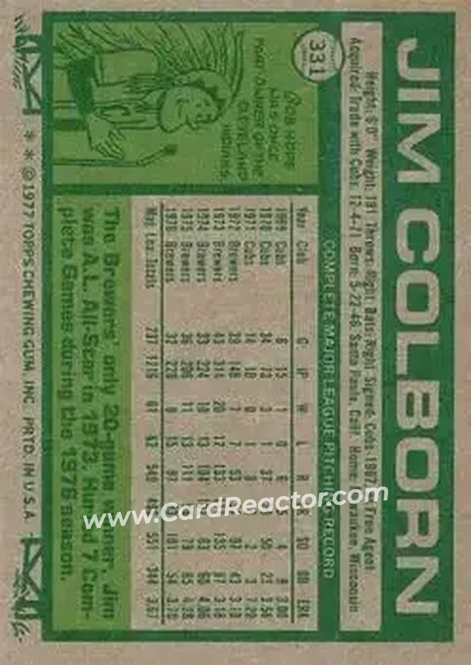 1977 Topps #331 - Jim Colborn - Milwaukee Brewers