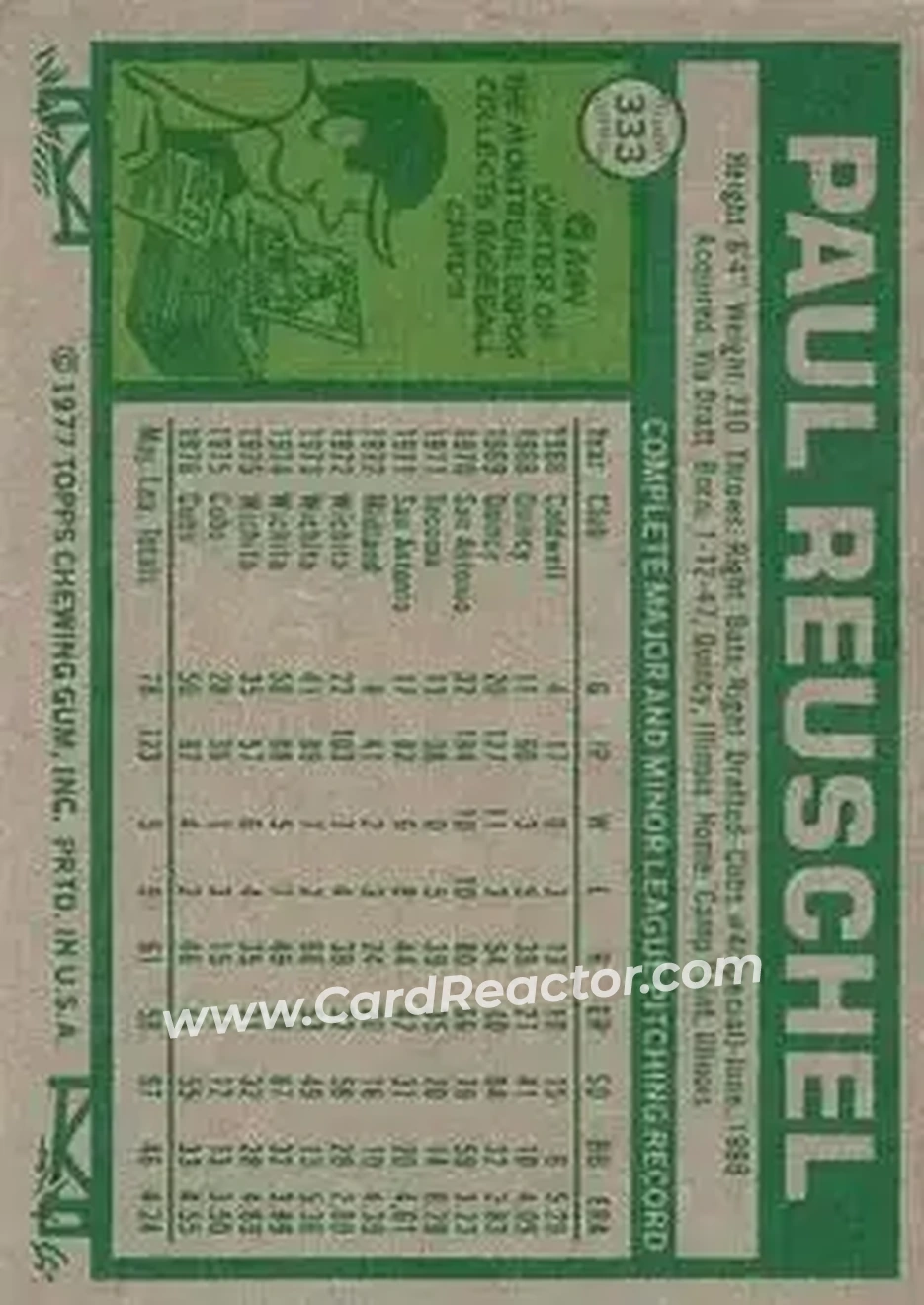 1977 Topps #333 - Paul Reuschel - Chicago Cubs