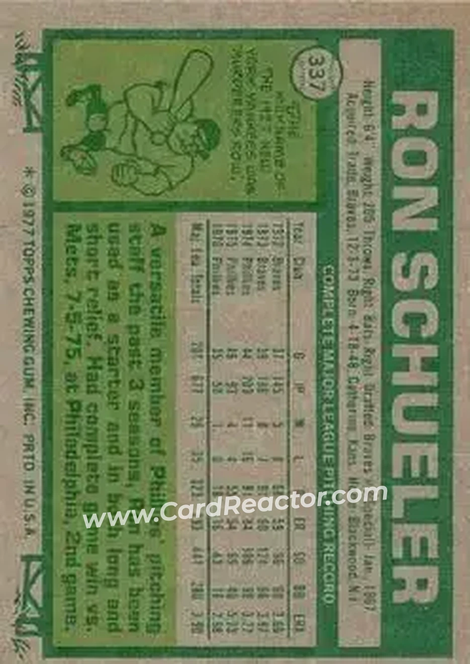 1977 Topps #337 - Ron Schueler - Philadelphia Phillies
