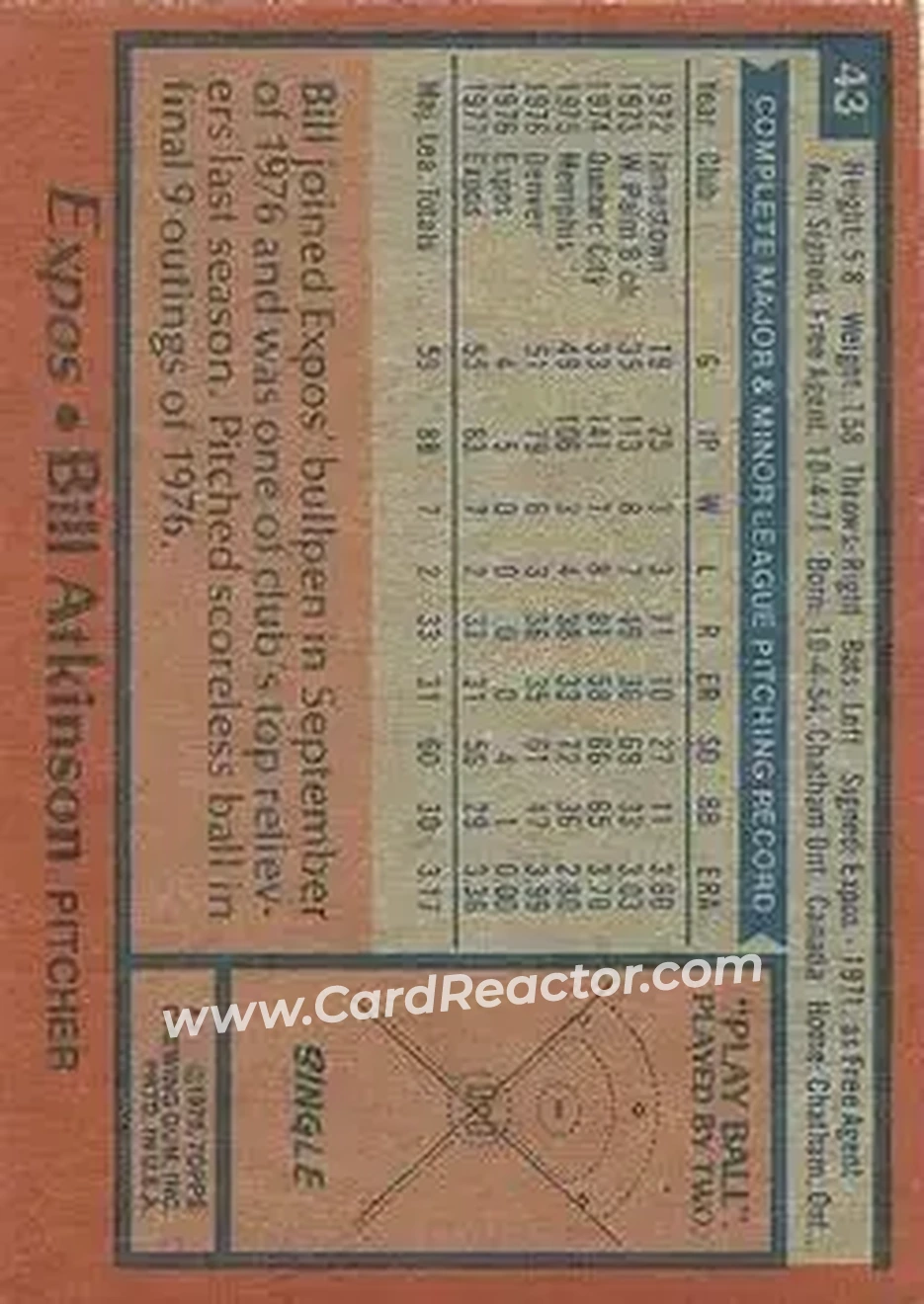 1978 Topps #43 - Bill Atkinson - Montreal Expos