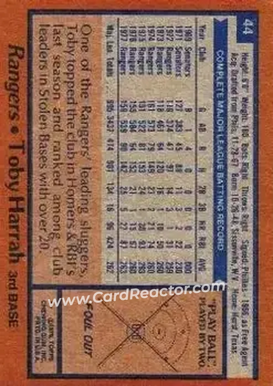 1978 Topps #44 - Toby Harrah - Texas Rangers