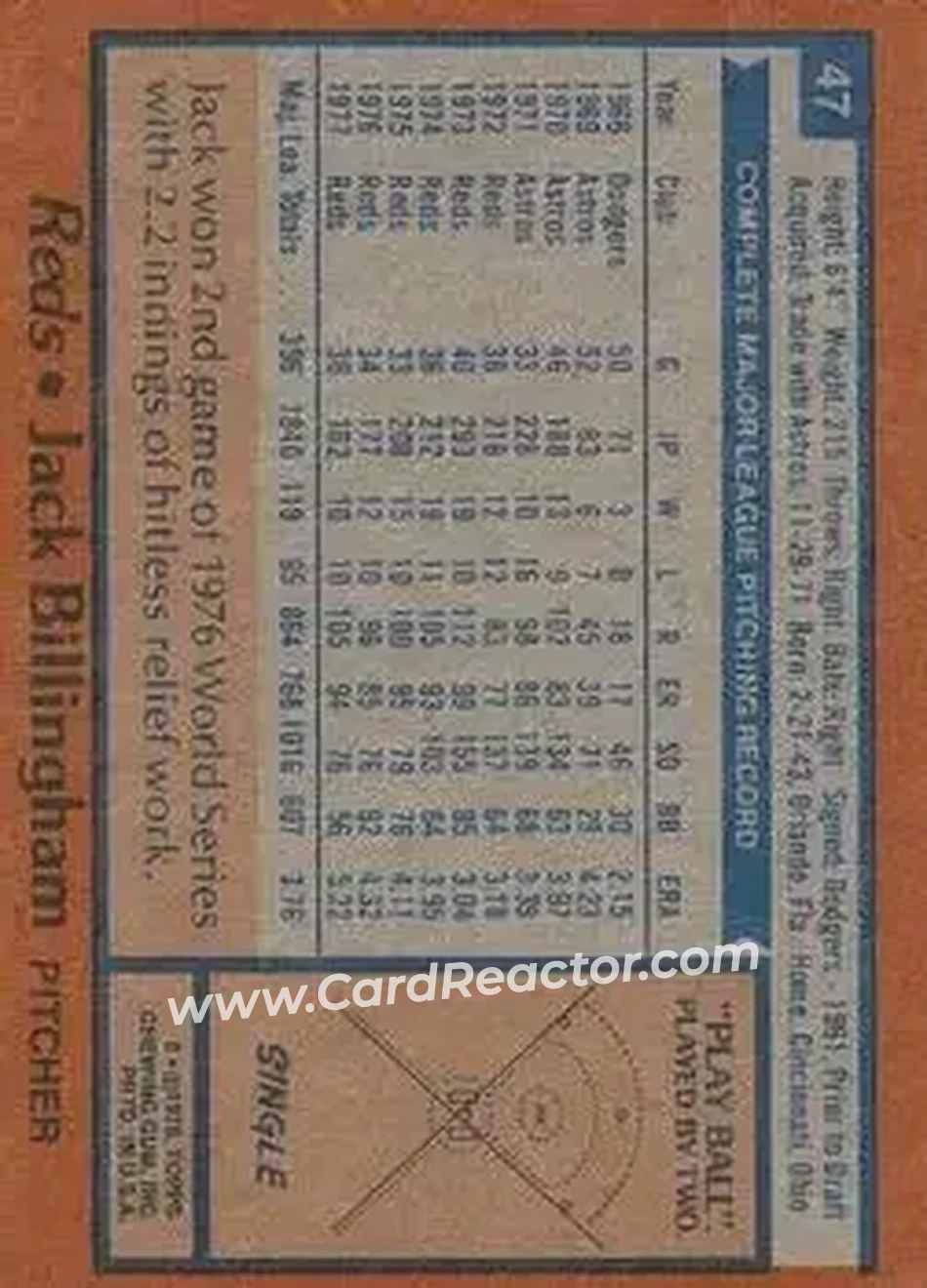 1978 Topps #47 - Jack Billingham - Cincinnati Reds