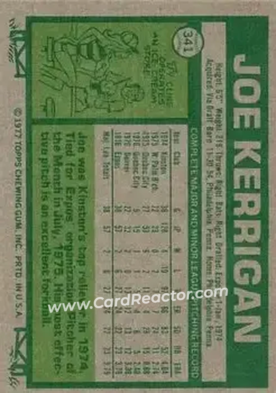 1977 Topps #341 - Joe Kerrigan - Montreal Expos