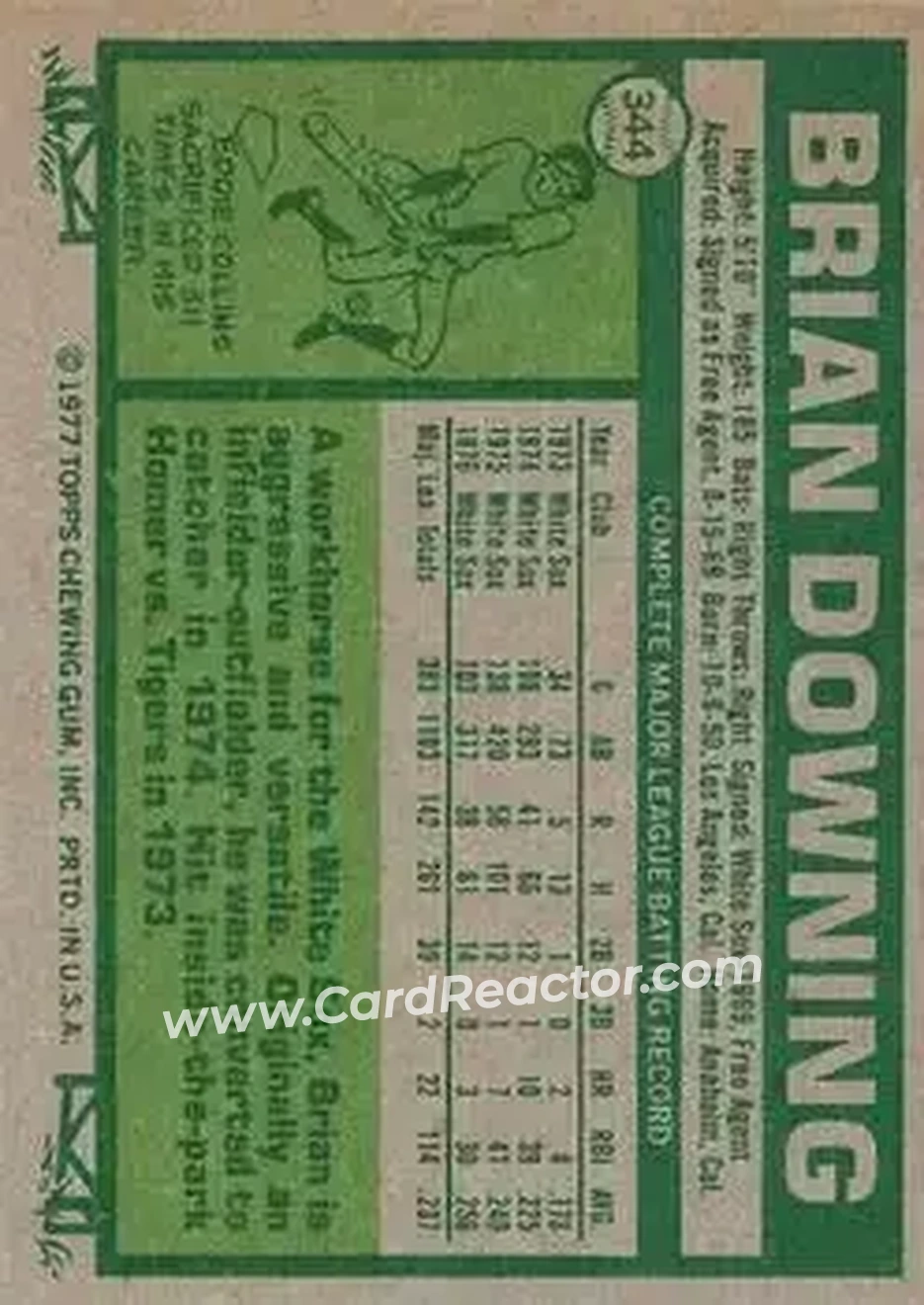 1977 Topps #344 - Brian Downing - Chicago White Sox
