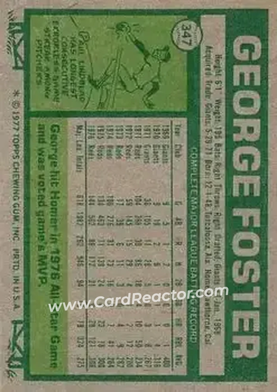 1977 Topps #347 - George Foster - Cincinnati Reds