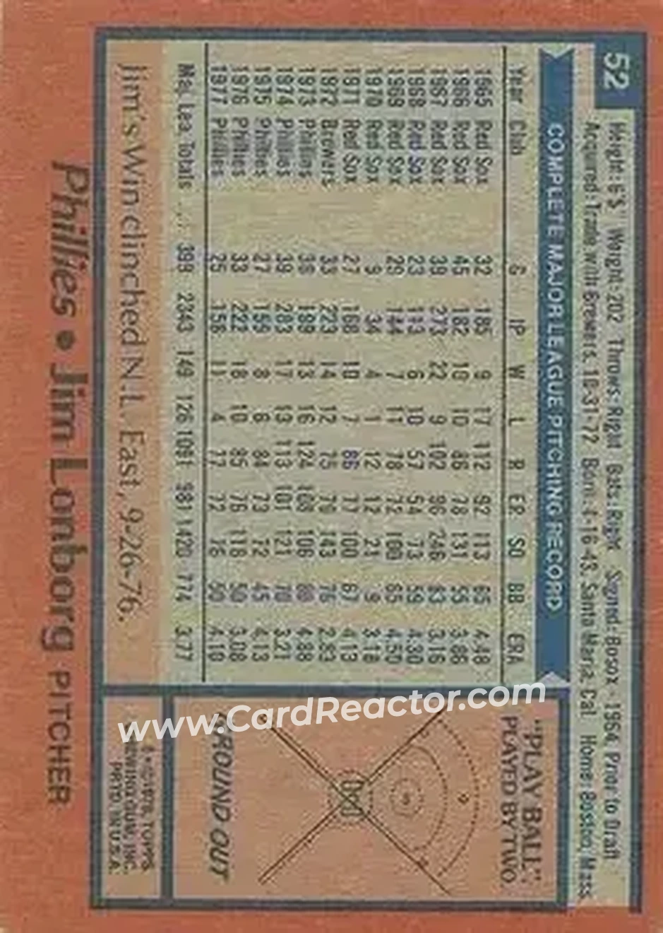 1978 Topps #52 - Jim Lonborg - Philadelphia Phillies