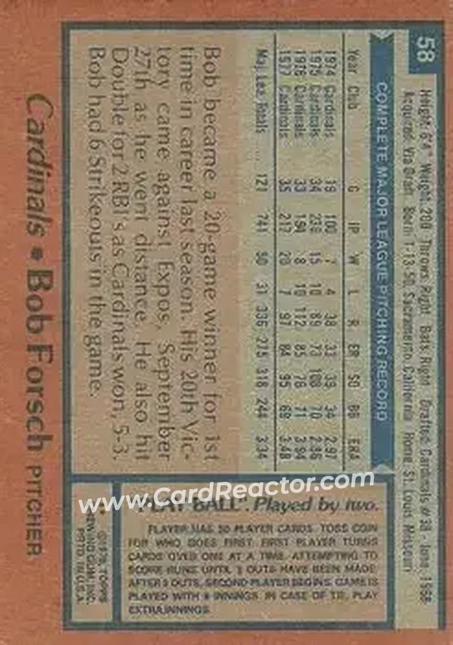 1978 Topps #58 - Bob Forsch - St. Louis Cardinals