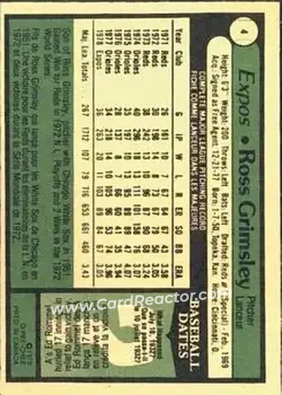 1979 O-Pee-Chee #4 - Ross Grimsley - Montreal Expos