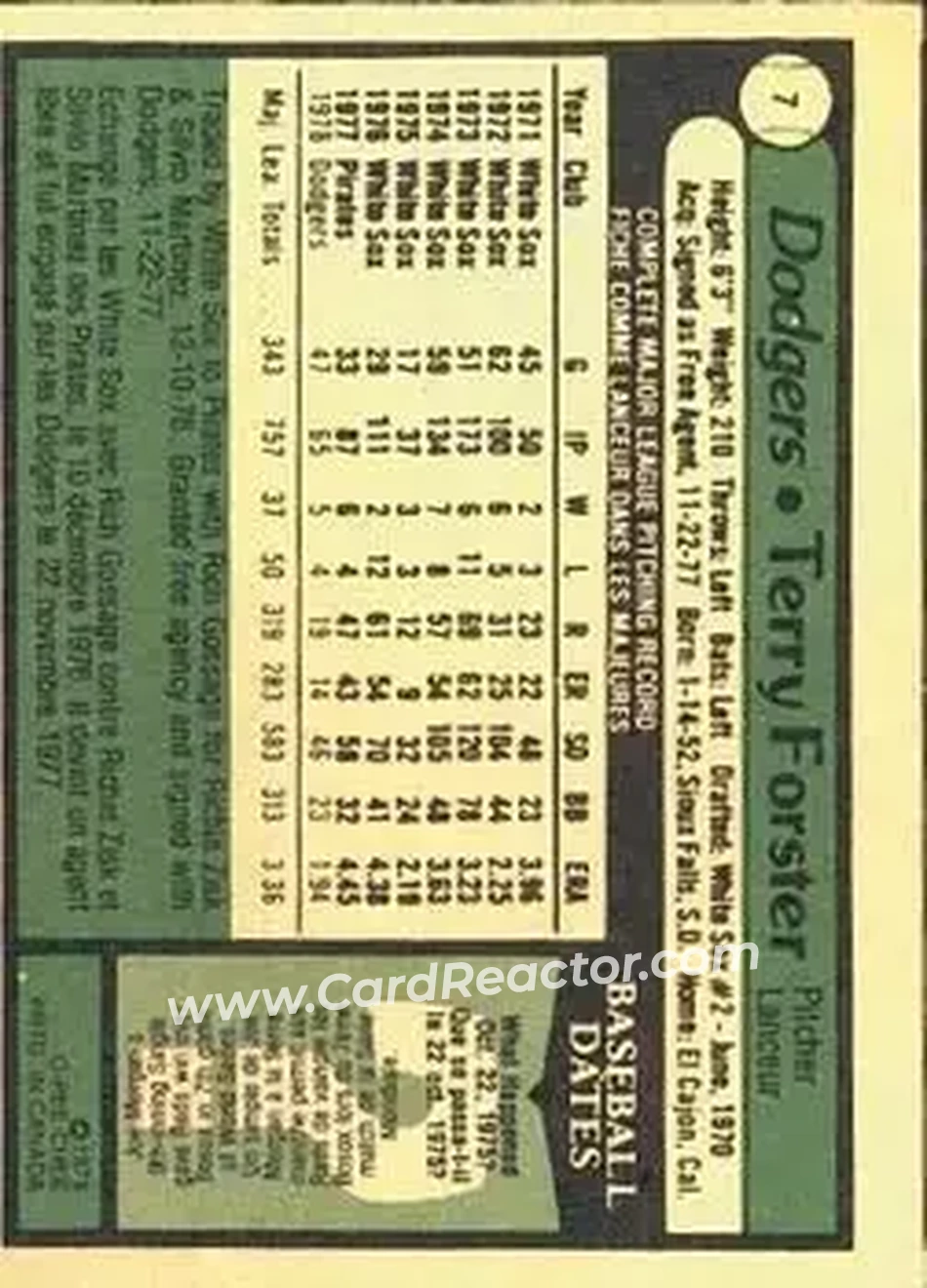 1979 O-Pee-Chee #7 - Terry Forster - Los Angeles Dodgers
