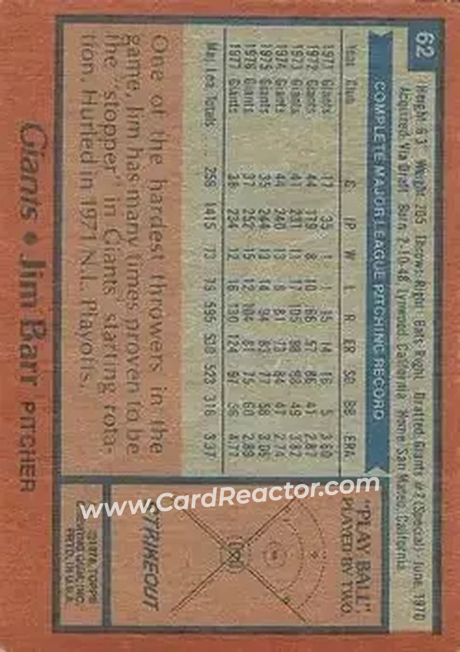 1978 Topps #62 - Jim Barr - San Francisco Giants