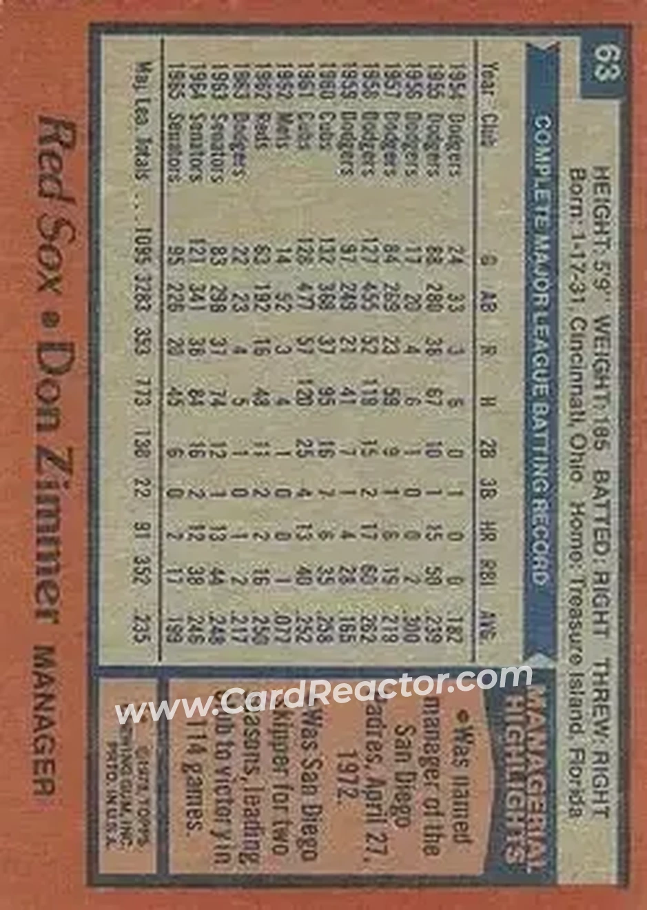 1978 Topps #63 - Don Zimmer - Boston Red Sox
