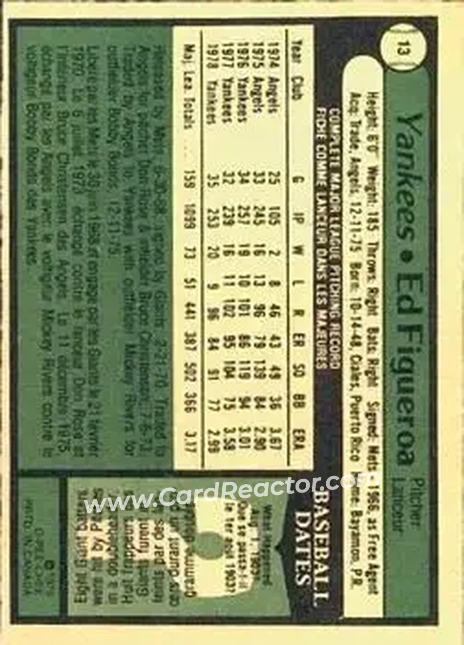 1979 O-Pee-Chee #13 - Ed Figueroa - New York Yankees