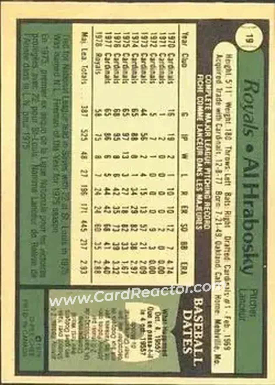 1979 O-Pee-Chee #19 - Al Hrabosky - Kansas City Royals