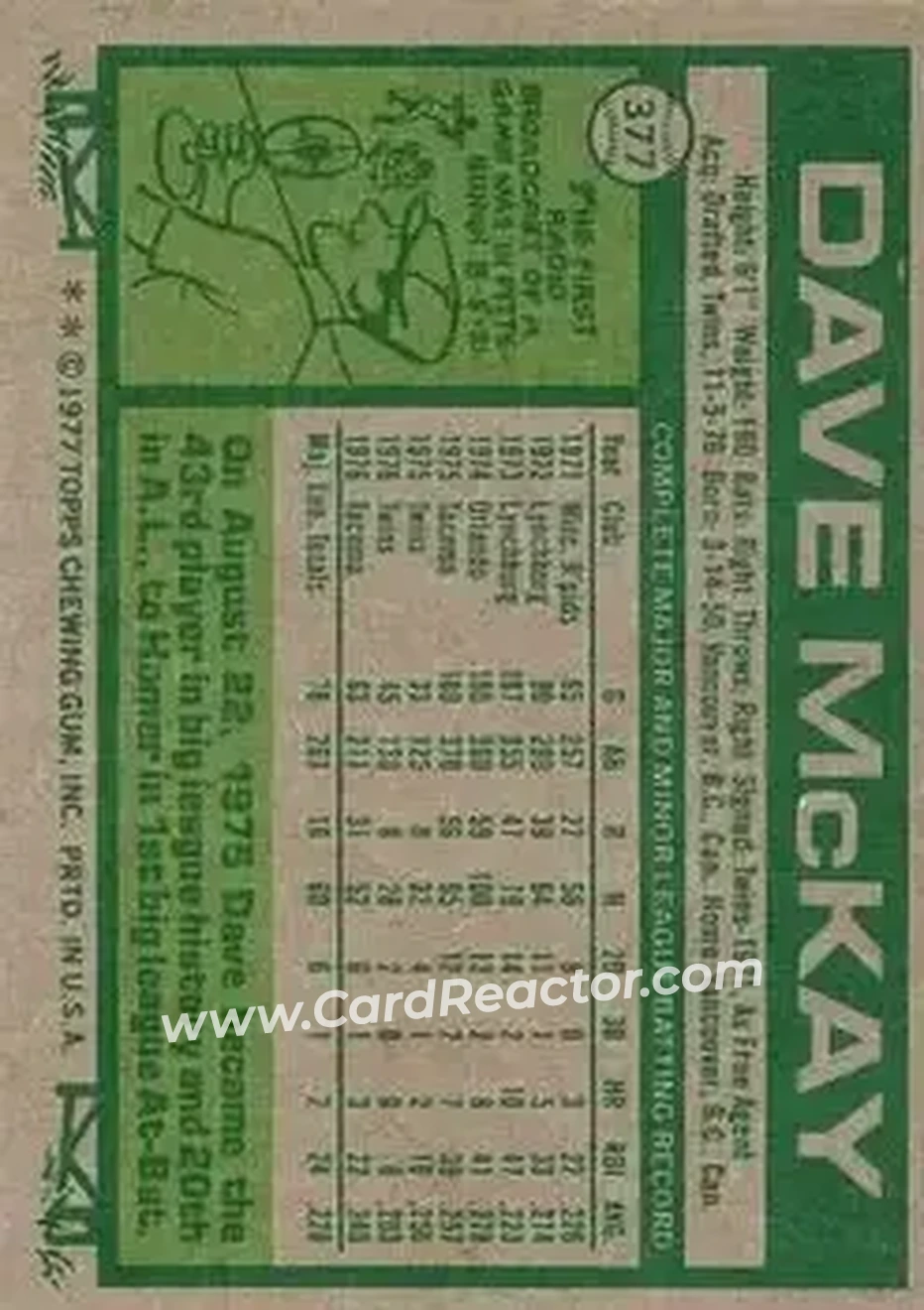 1977 Topps #377 - Dave McKay - Toronto Blue Jays
