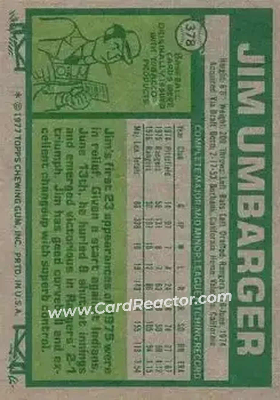 1977 Topps #378 - Jim Umbarger - Texas Rangers