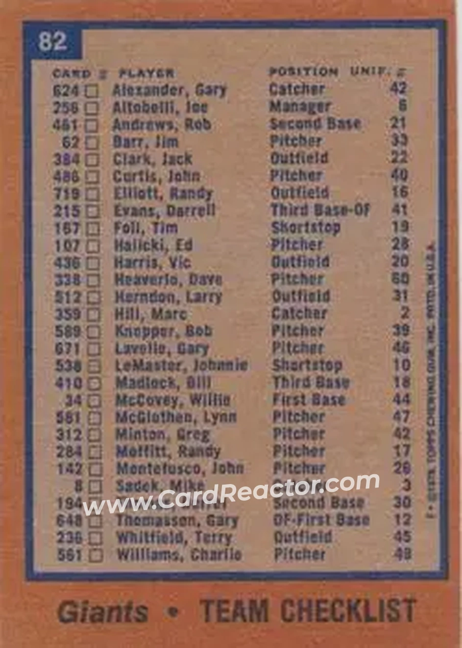 1978 Topps #82 - Card #82 - San Francisco Giants