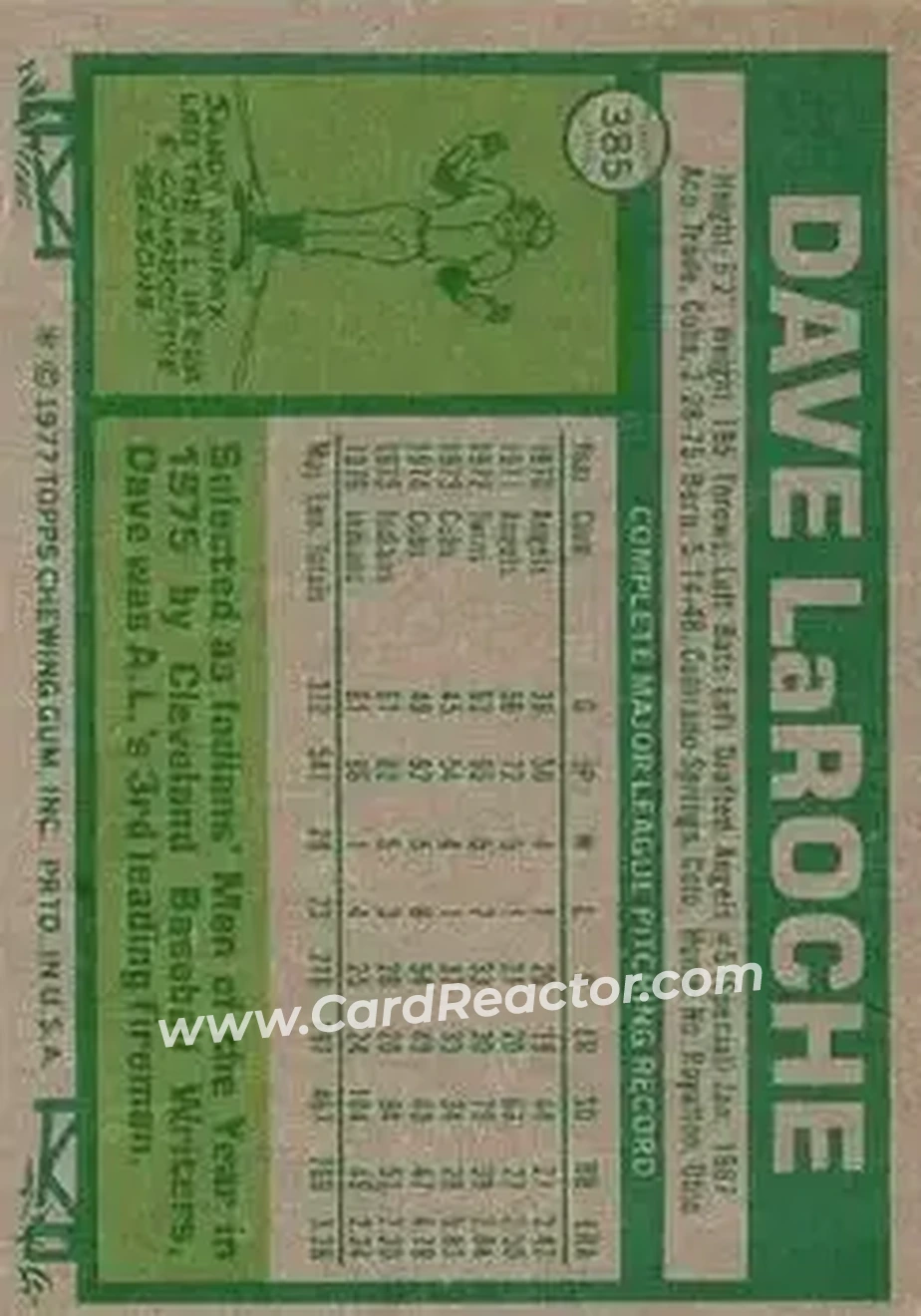 1977 Topps #385 - Dave LaRoche - Cleveland Indians