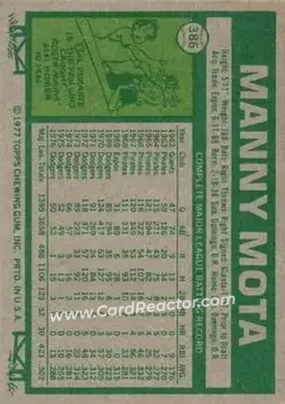 1977 Topps #386 - Manny Mota - Los Angeles Dodgers