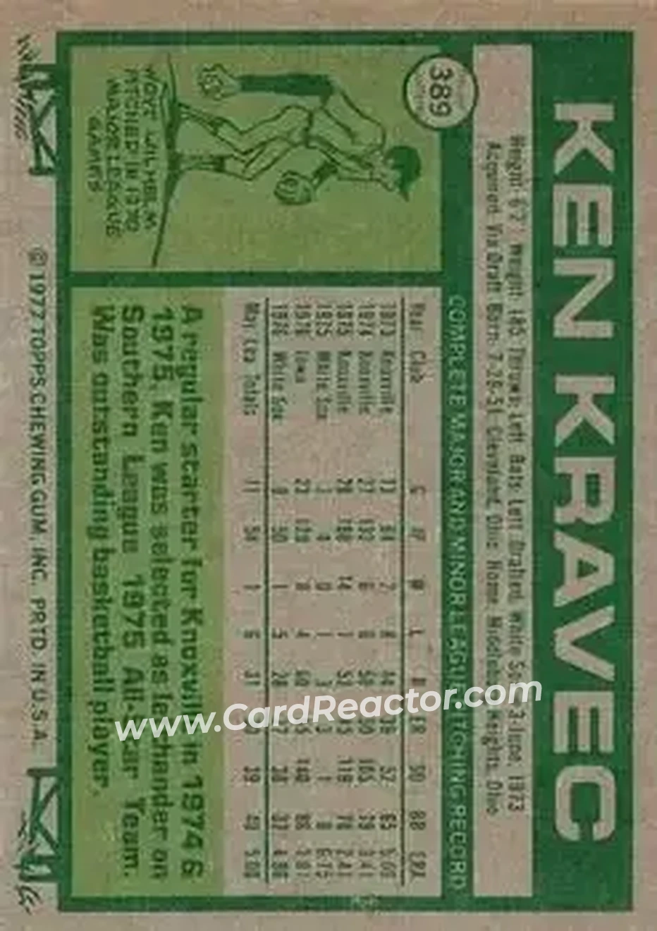 1977 Topps #389 - Ken Kravec - Chicago White Sox