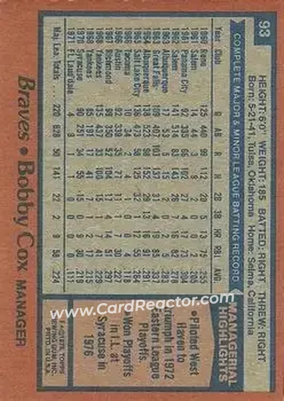 1978 Topps #93 - Bobby Cox - Atlanta Braves