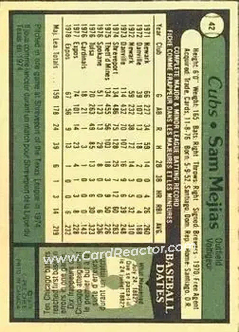 1979 O-Pee-Chee #42 - Sam Mejias - Chicago Cubs