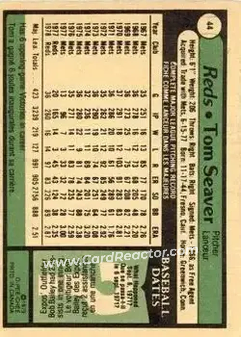 1979 O-Pee-Chee #44 - Tom Seaver - Cincinnati Reds 1979 O-Pee-Chee #44 - Tom Seaver - Cincinnati Reds