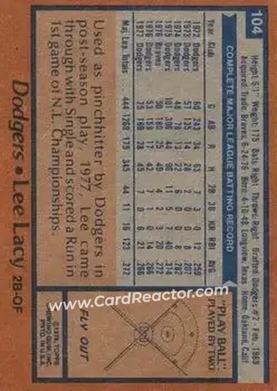 1978 Topps #104 - Lee Lacy - Los Angeles Dodgers